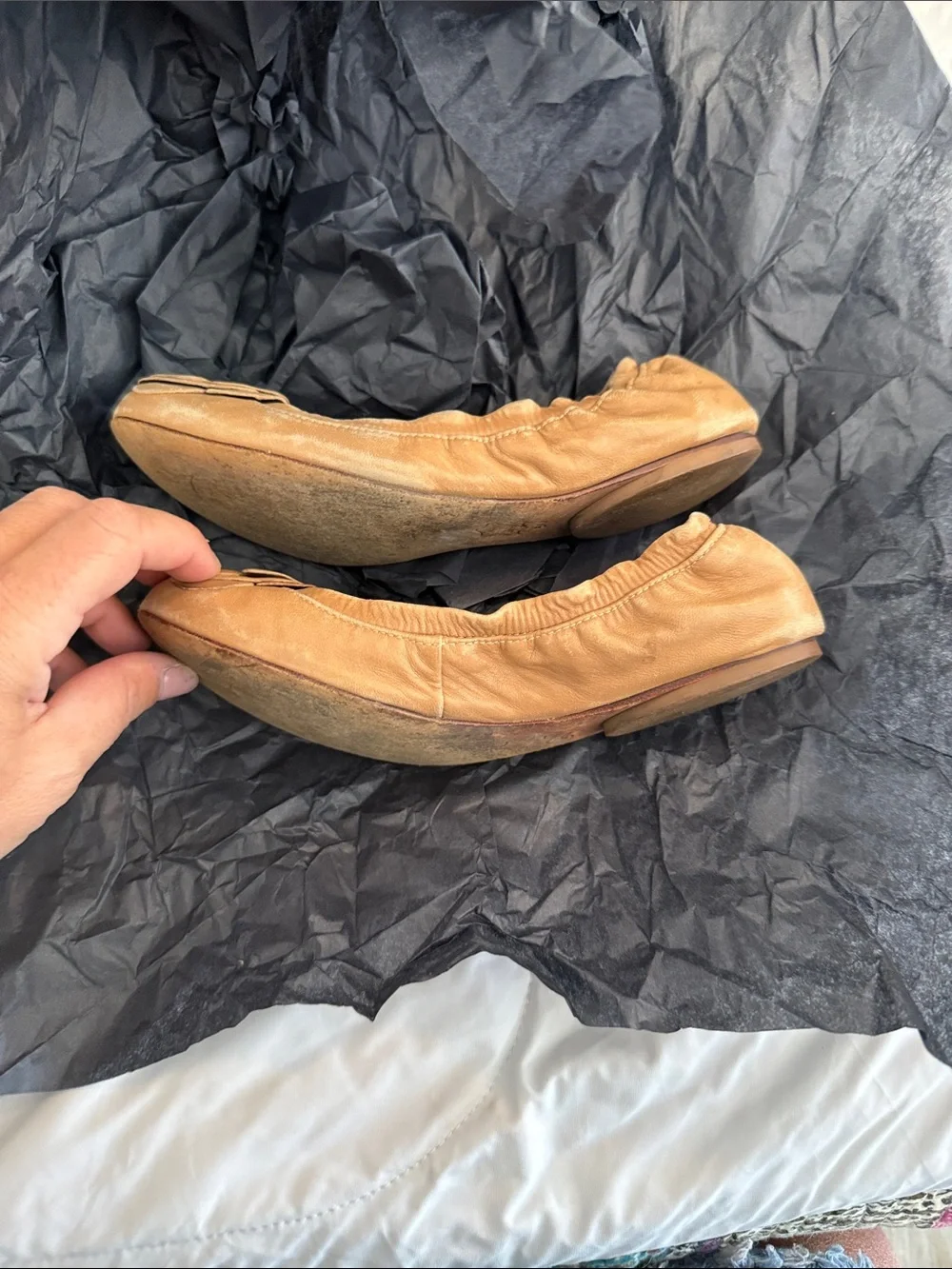 Tory Burch Camel Leather Camellia Ballet Flats with Logo Medallion
